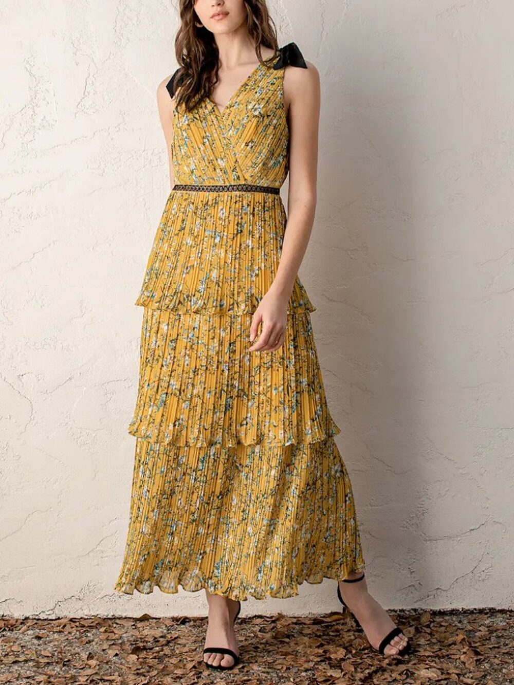 Lulus Such Sophistication Yellow Floral Print Pleated Summer Maxi Dress Size L - Picture 1 of 9
